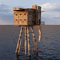 Abandoned Offshore Tower Structure With Metal Ladder In Open Ocean