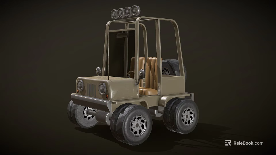 Beige Off Road Car With Four Round Roof Lights Large Wheels And Brown Seats 3d model 