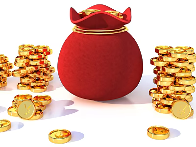 Red Money Bag With Stacked And Scattered Gold Coins Decorative Ornament Set 3d model