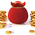 Red Money Bag With Stacked And Scattered Gold Coins Decorative Ornament Set