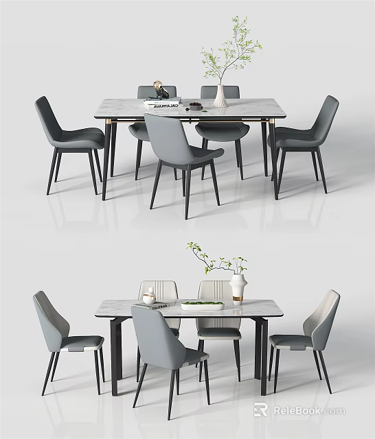Modern Dining Table Set With Marble Top And Gray Upholstered Chairs 3d model