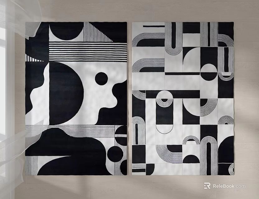 Square Carpet With Abstract Geometric Black And White Design Circular Shapes And Striped Lines 3d model 