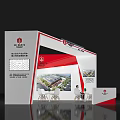 Modern Red And White Exhibition Booth With Company Logo Tables And Display Screens