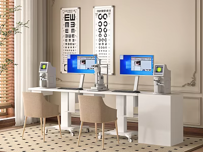Vision Testing Medical Equipment With Computer Screens And Eye Charts In Clinic Interior 3d model