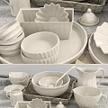 White Ceramic Dinnerware Set Including Bowls Plates Mugs And Egg Holder On Linen Kitchen Table