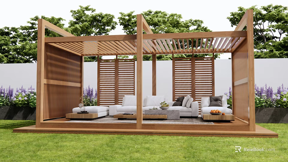 Wooden Pergola with White Sofa Coffee Table Green Plants and Wooden Louvers in Grassy Garden 3d model 