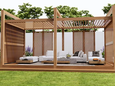 Wooden Pergola with White Sofa Coffee Table Green Plants and Wooden Louvers in Grassy Garden 3d model