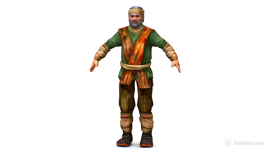 Elderly Man Character With Turban Green Tunic Brown Pants And Orange Waist Sash 3d model 