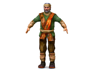 Elderly Man Character With Turban Green Tunic Brown Pants And Orange Waist Sash 3d model