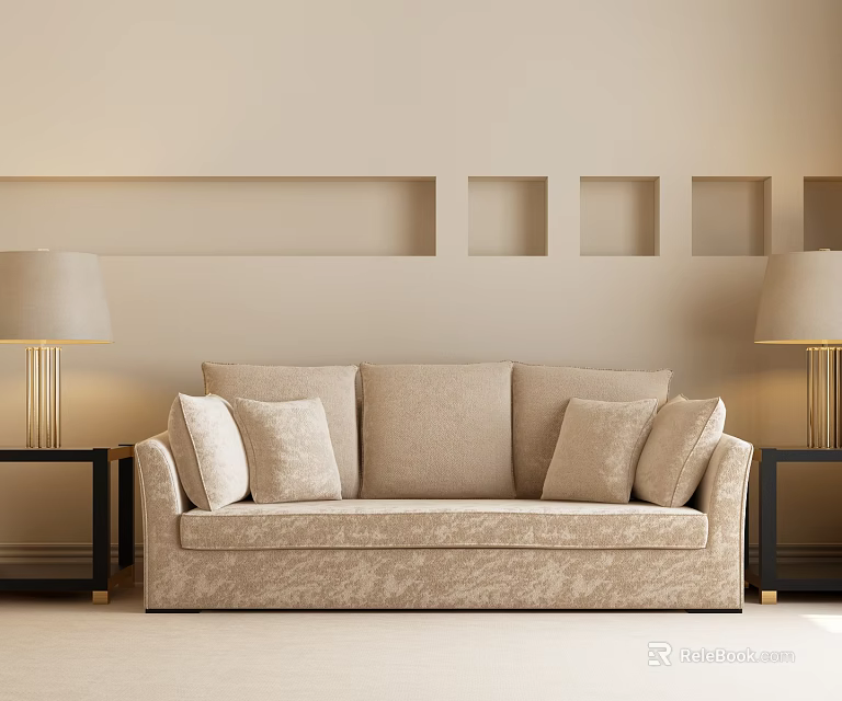 Modern Beige Sofa and Coffee Table Set With Pillows Black Side Tables and Table Lamps 3d model 