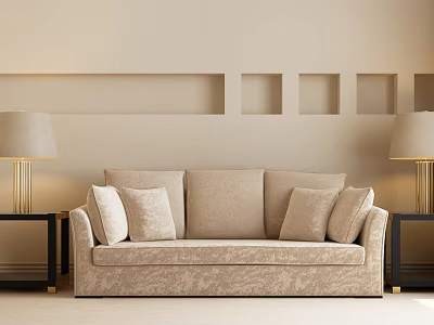 Modern Beige Sofa and Coffee Table Set With Pillows Black Side Tables and Table Lamps 3d model