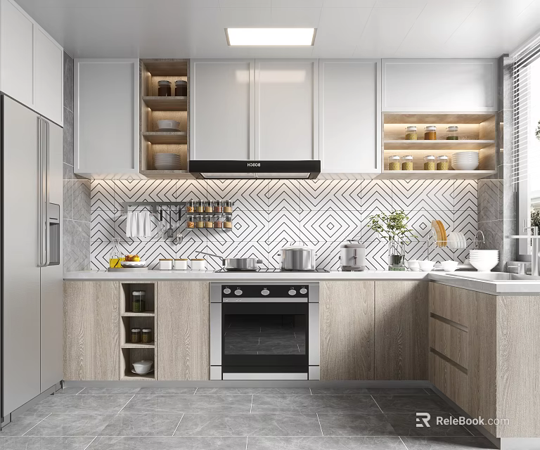 Modern Kitchen Interior With Geometric Tile Backsplash Wooden And White Cabinets Stainless Steel Appliances 3d model 