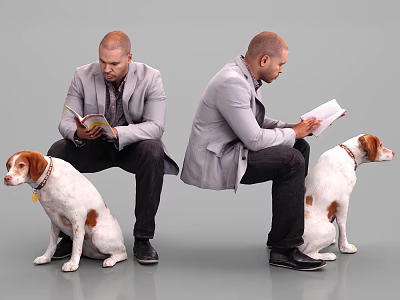 Two Men In Gray Blazers Reading Books With Brown And White Dogs Sitting Beside Them 3d model