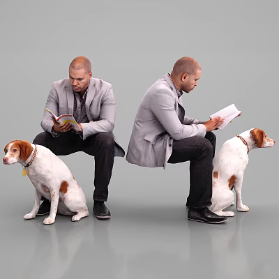 Two Men In Gray Blazers Reading Books With Brown And White Dogs Sitting Beside Them 3d model