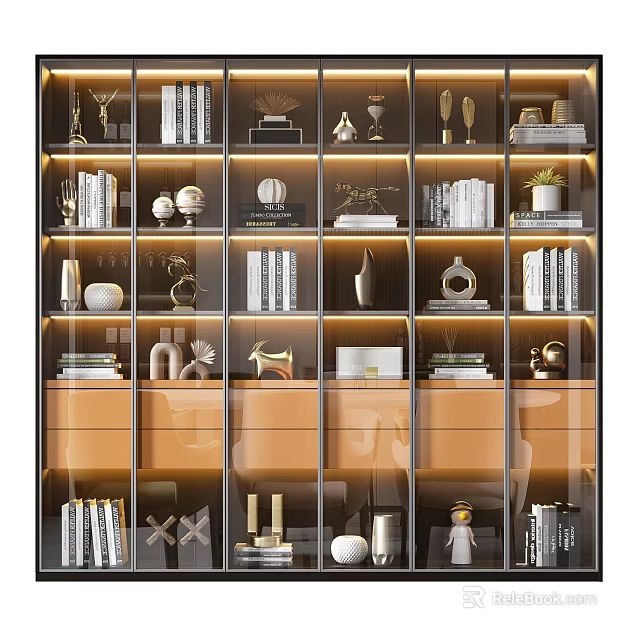 Elegant Modern Bookcase Interior With Glass Doors Books Decorations And Lighting 3d model 