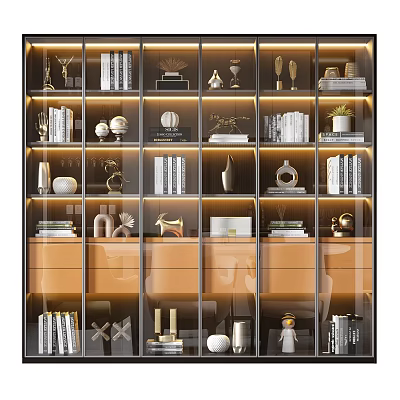Elegant Modern Bookcase Interior With Glass Doors Books Decorations And Lighting 3d model