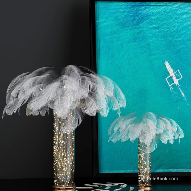 Decorative Ornament Set With Transparent Vases Gold Glitter And White Feather Decorations 3d model 