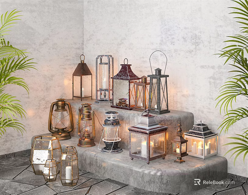 Varied Style Candle Lanterns Decorative Display On Stone Steps With Green Plants 3d model 
