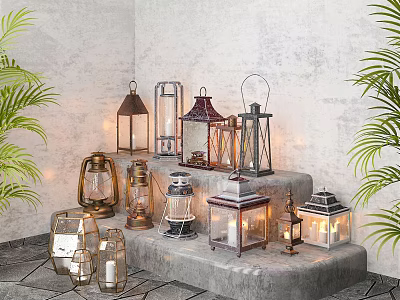 Varied Style Candle Lanterns Decorative Display On Stone Steps With Green Plants 3d model