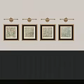Interior Wall With Four Framed Map Artworks And Wall Sconces Above Dark Wainscoting