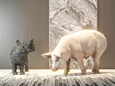 Black Cat And Pink Pig Animal Sculptures With Marble Wall Art In Gray Interior 3d model