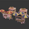 Colorful Mobile Food Carts With Striped Umbrellas Hot Dog Pizza Stalls Design
