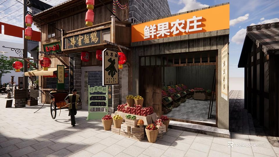 Traditional Commercial Street With Fresh Fruit Stalls Red Lanterns And Traditional Shops 3d model 
