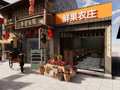 Traditional Commercial Street With Fresh Fruit Stalls Red Lanterns And Traditional Shops 3d model