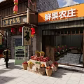 Traditional Commercial Street With Fresh Fruit Stalls Red Lanterns And Traditional Shops