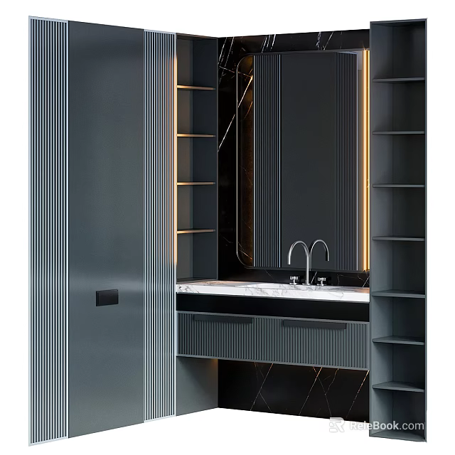 Elegant Modern Bathroom Vanity With Marble Countertop Mirror Warm Lighting And Dark Cabinets 3d model 