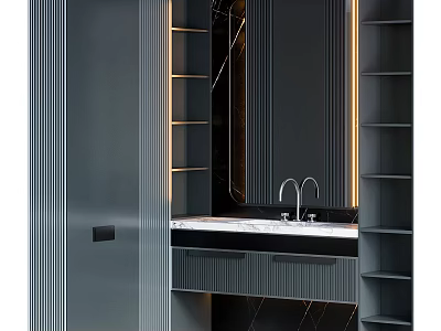 Elegant Modern Bathroom Vanity With Marble Countertop Mirror Warm Lighting And Dark Cabinets 3d model