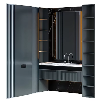 Elegant Modern Bathroom Vanity With Marble Countertop Mirror Warm Lighting And Dark Cabinets 3d model