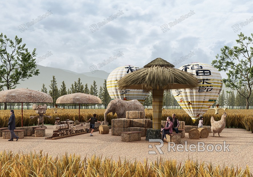 Modern Park Paddy Field Landscape Park Landscape Sculpture Sculpture Thatched Pavilion model