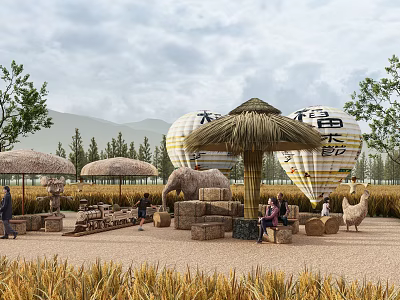 Rural Landscape With Golden Rice Fields Hot Air Balloons Straw Pavilions Alpacas And Relaxing Visitors 3d model