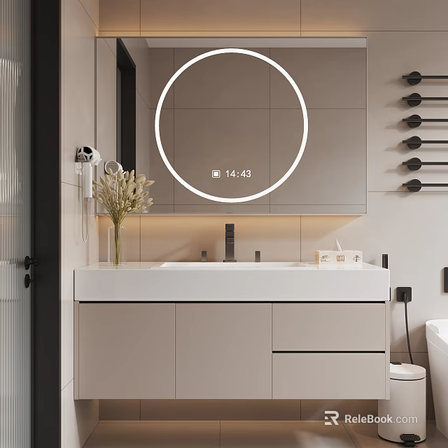 Modern Bathroom Vanity With Round Backlit Smart Mirror White Countertop And Grey Cabinets 3d model 