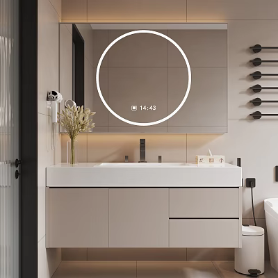 Modern Bathroom Vanity With Round Backlit Smart Mirror White Countertop And Grey Cabinets 3d model