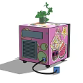 Pink Mini Refrigerator With Green Plant On Top And Assorted Beverages Inside