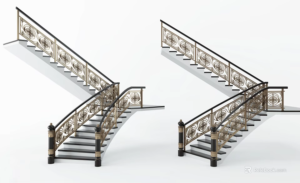 Elegant Ornate Staircase With Gold Railing And Black Steps Design 3d model 