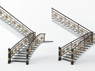 Elegant Ornate Staircase With Gold Railing And Black Steps Design 3d model