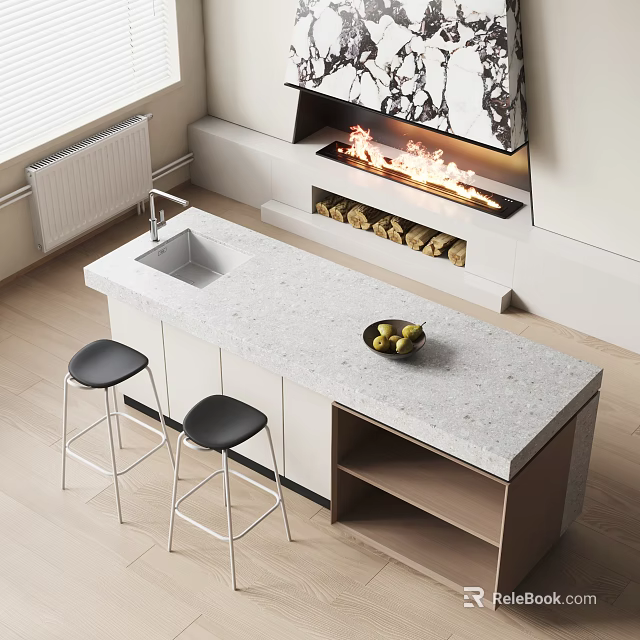 Modern Bar Counter With Stone Countertop Two Black Stools Bowl Of Green Apples And Fireplace 3d model 