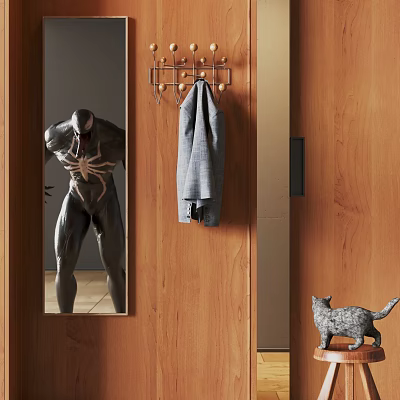 Mirror on Wooden Door with Coat Hooks Gray Suit Jacket and Cat Nearby 3d model