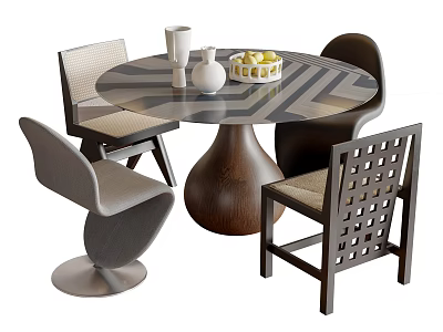 Round Glass Top Dining Table Set With Geometric Pattern Wooden Base And Four Different Design Chairs 3d model