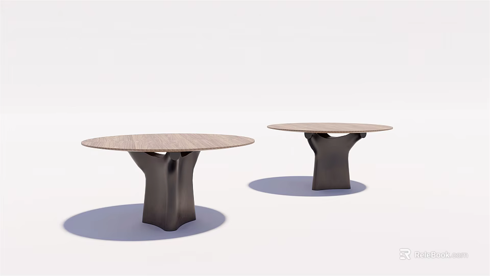 Two Modern Round Dining Tables With Wooden Tabletop And Black Unique Base 3d model