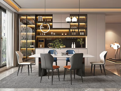 Modern Restaurant Interior With Dining Table Chairs Pendant Lights Wine Cabinets And Plants 3d model