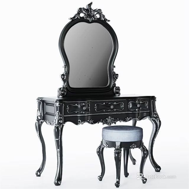 Antique Black Dressing Table with Carved Details Ornate Mirror Storage Drawers and Padded Stool 3d model 