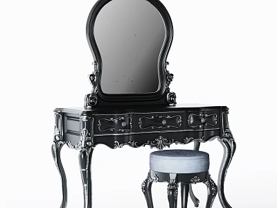 Antique Black Dressing Table with Carved Details Ornate Mirror Storage Drawers and Padded Stool 3d model