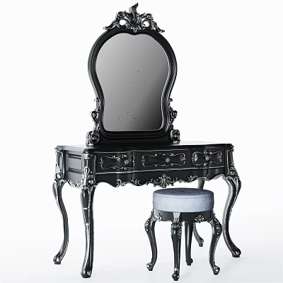Antique Black Dressing Table with Carved Details Ornate Mirror Storage Drawers and Padded Stool 3d model
