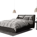 Modern Double Bed With Gray Quilt Pillows Dark Headboard And Pendant Lights