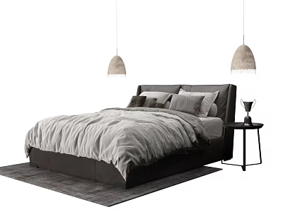 Modern Double Bed With Gray Quilt Pillows Dark Headboard And Pendant Lights 3d model