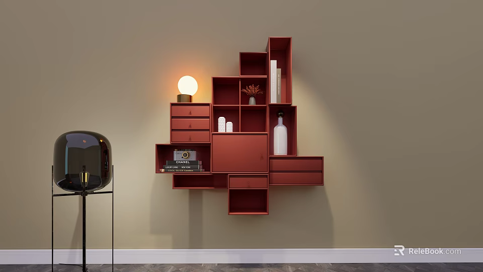 Red Modular Wall Cabinets with Compartments Drawers on Beige Wall Decorative Vases Books and Lamp 3d model 